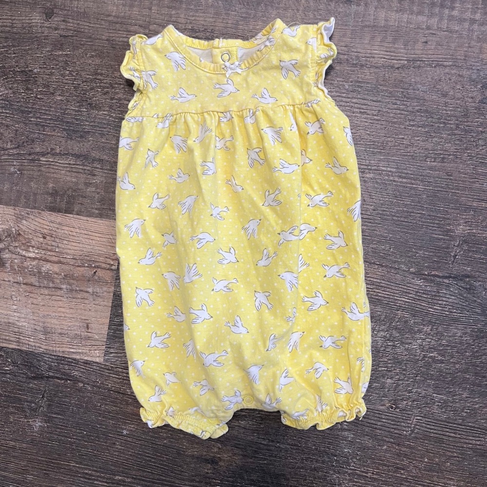 Carters Bird Print Romper Ruffle Sleeves‎ Yellow White Dots 9 Months
